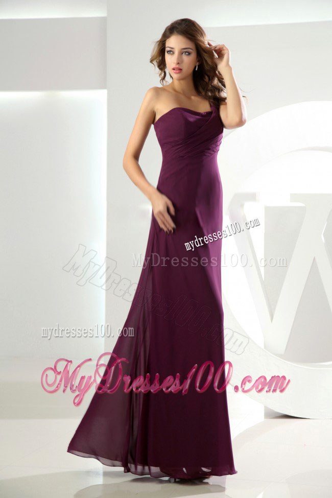 Ruched One Shoulder Eggplant Purple Column Bridemaid Dress