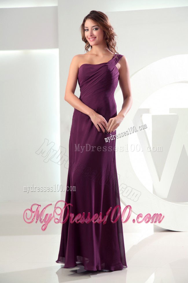 Ruched One Shoulder Eggplant Purple Column Bridemaid Dress