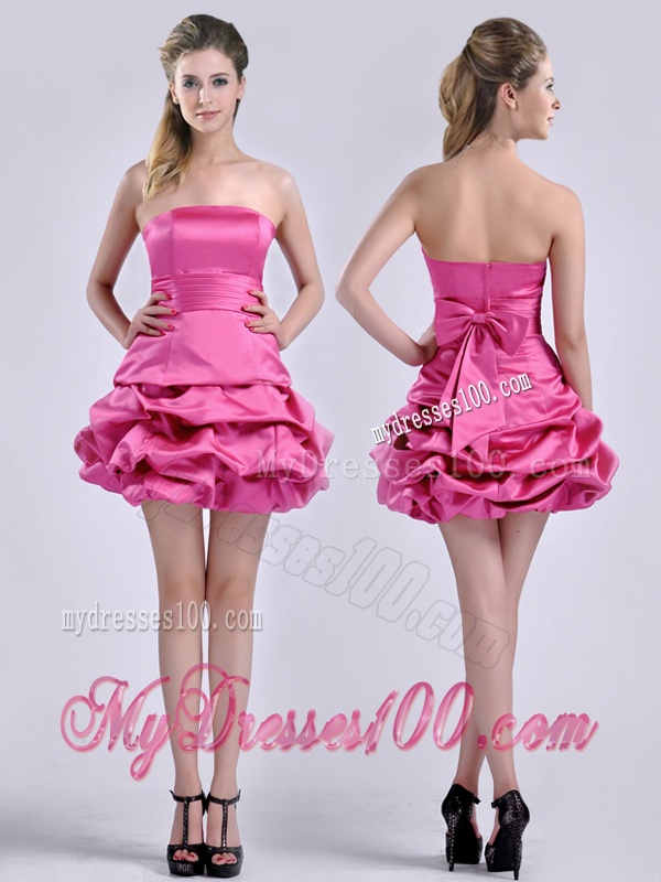 Latest A Line Bubble and Bowknot Taffeta Bridesmaid Dress in Hot Pink