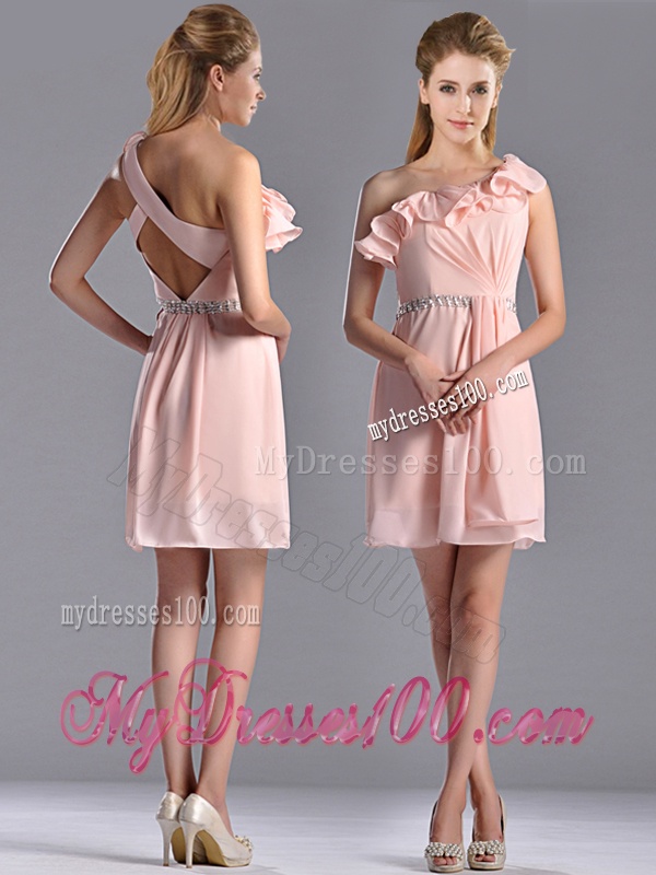Latest Beaded and Ruffled Pink Bridesmaid Dress with Criss Cross