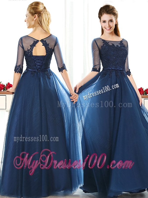 Luxurious See Through Scoop Half Sleeves Bridesmaid Dress with Lace and Belt