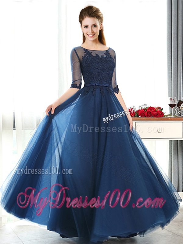 Luxurious See Through Scoop Half Sleeves Bridesmaid Dress with Lace and Belt