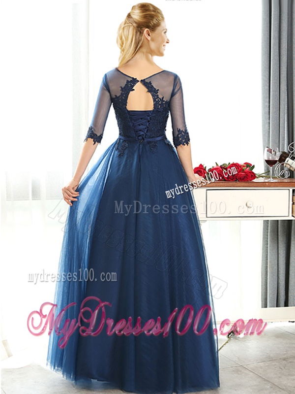 Luxurious See Through Scoop Half Sleeves Bridesmaid Dress with Lace and Belt