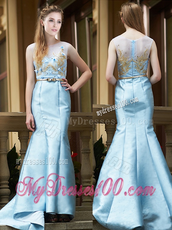 Modest Mermaid Applique Brush Train Bridesmaid Dress in Light Blue