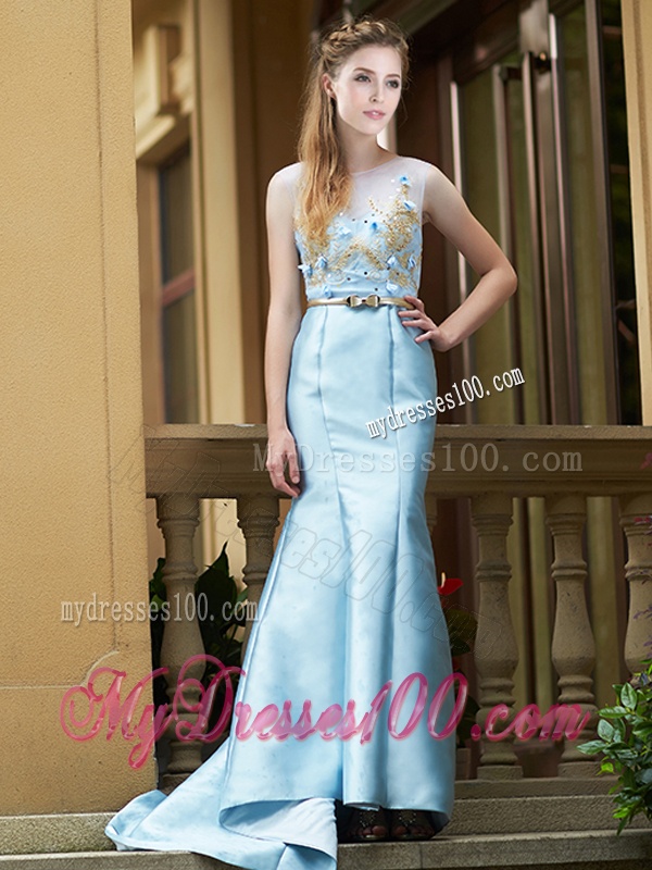 Modest Mermaid Applique Brush Train Bridesmaid Dress in Light Blue