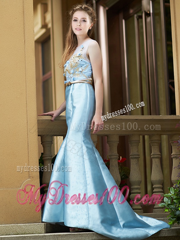 Modest Mermaid Applique Brush Train Bridesmaid Dress in Light Blue
