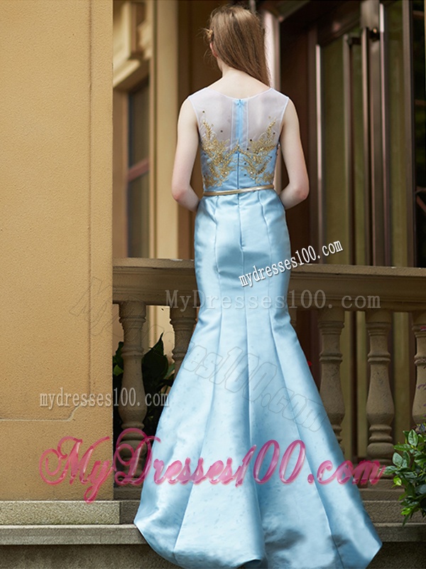 Modest Mermaid Applique Brush Train Bridesmaid Dress in Light Blue