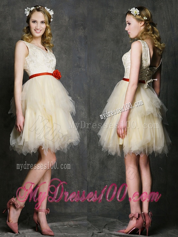 Most Popular V Neck Short Bridesmaid Dress with Belt and Ruffled Layers
