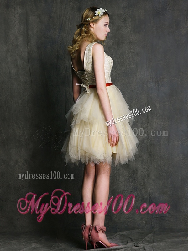 Most Popular V Neck Short Bridesmaid Dress with Belt and Ruffled Layers