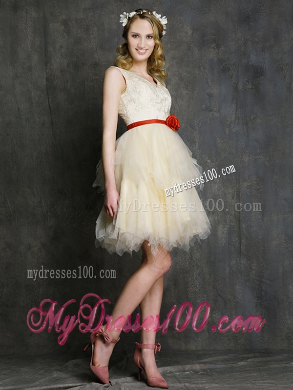 Most Popular V Neck Short Bridesmaid Dress with Belt and Ruffled Layers