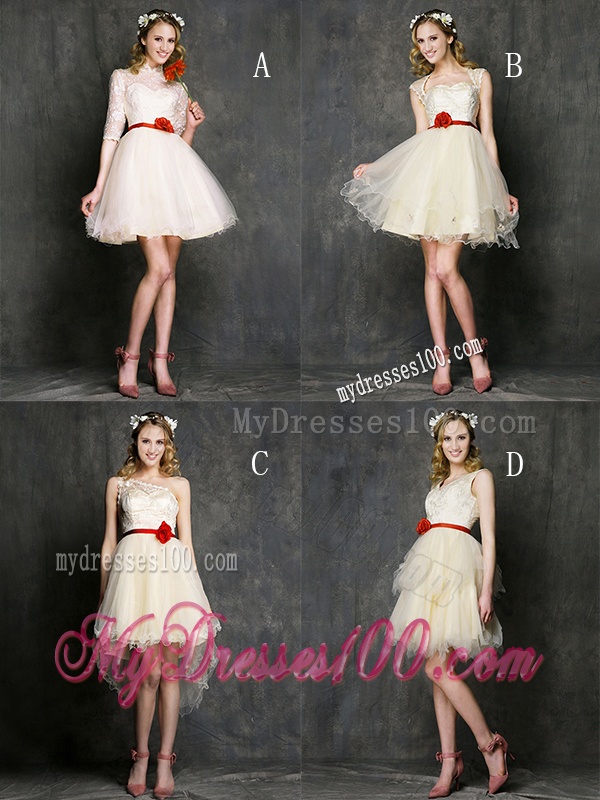 Most Popular V Neck Short Bridesmaid Dress with Belt and Ruffled Layers