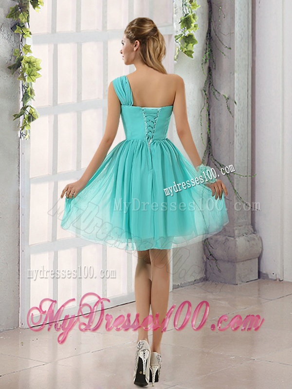 Natural One Shoulder A Line Ruching Lace Up Bridesmaid Dress