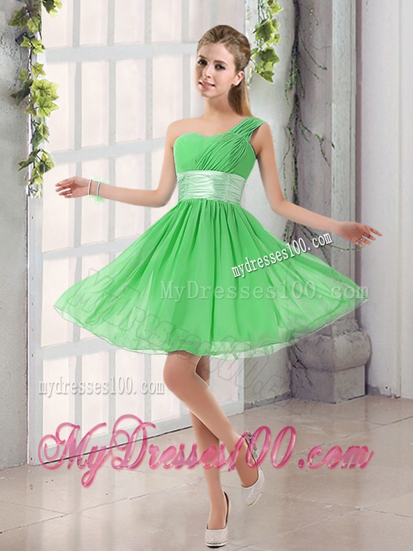 Natural One Shoulder A Line Ruching Lace Up Bridesmaid Dress