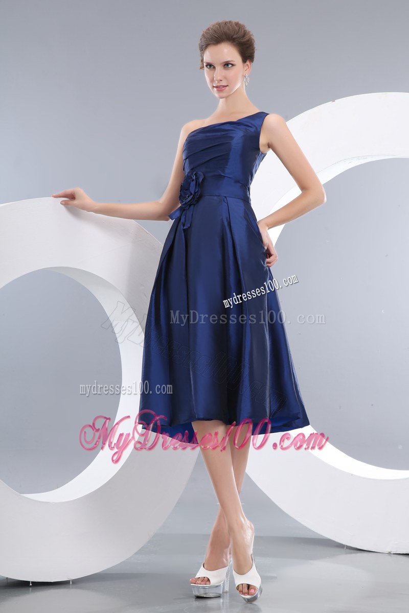 One Shoulder Navy Blue Empire Bridesmaid Dress Taffeta Hand Flowers