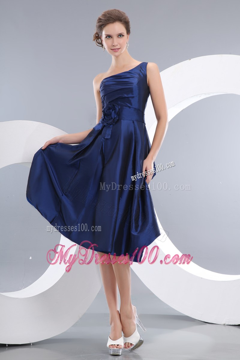 One Shoulder Navy Blue Empire Bridesmaid Dress Taffeta Hand Flowers