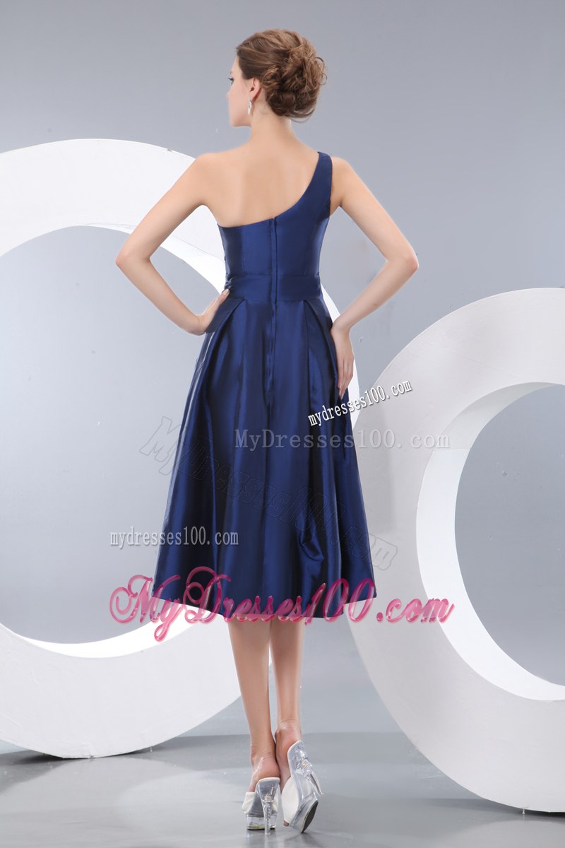 One Shoulder Navy Blue Empire Bridesmaid Dress Taffeta Hand Flowers