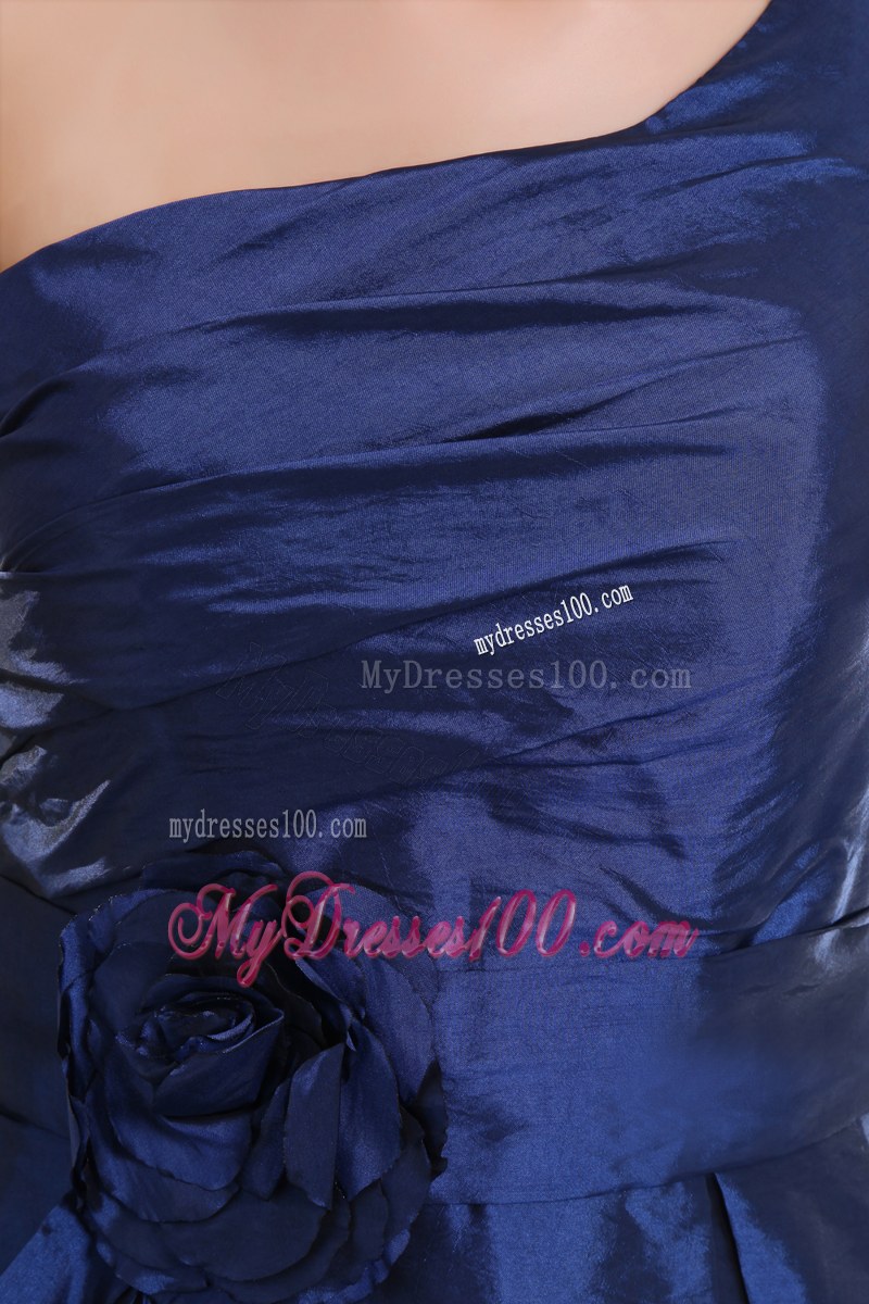 One Shoulder Navy Blue Empire Bridesmaid Dress Taffeta Hand Flowers