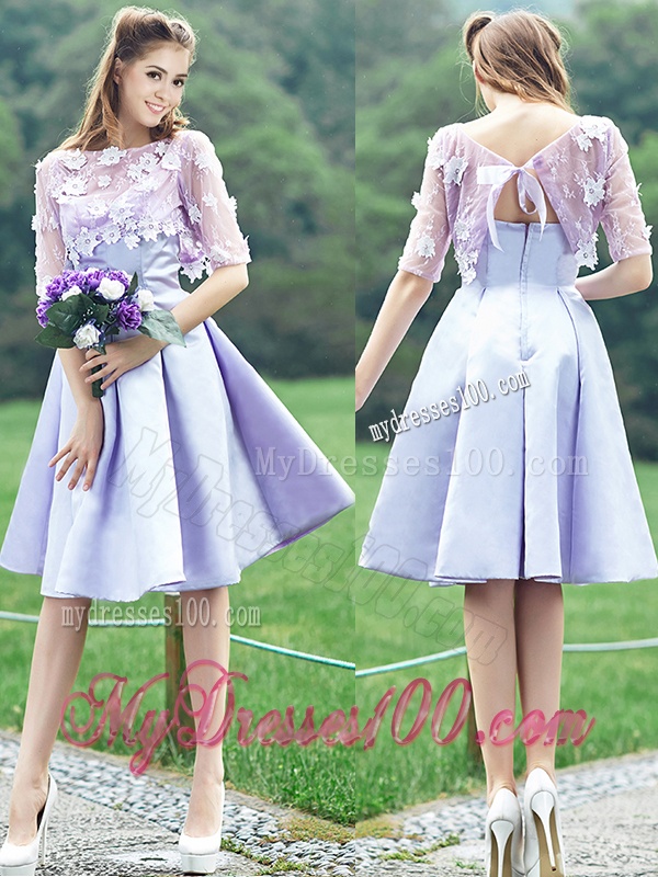 New Style Bateau Half Sleeves Lavender Bridesmaid Dress with Appliques