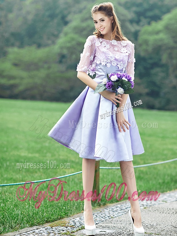 New Style Bateau Half Sleeves Lavender Bridesmaid Dress with Appliques