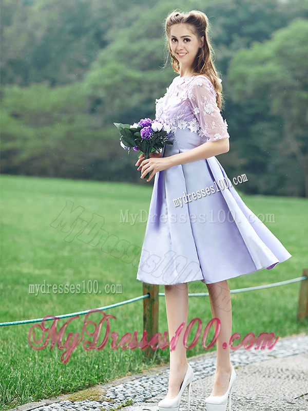 New Style Bateau Half Sleeves Lavender Bridesmaid Dress with Appliques