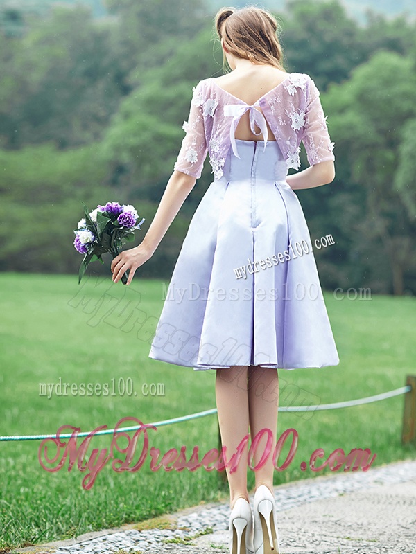 New Style Bateau Half Sleeves Lavender Bridesmaid Dress with Appliques