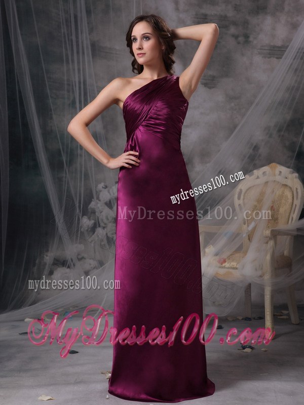 One Shoulder Purple Column Bridesmaid Dresses Floor-length Ruching