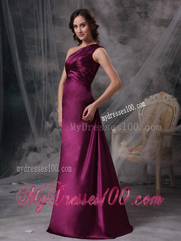 One Shoulder Purple Column Bridesmaid Dresses Floor-length Ruching