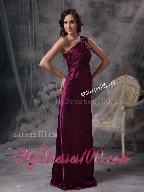 One Shoulder Purple Column Bridesmaid Dresses Floor-length Ruching
