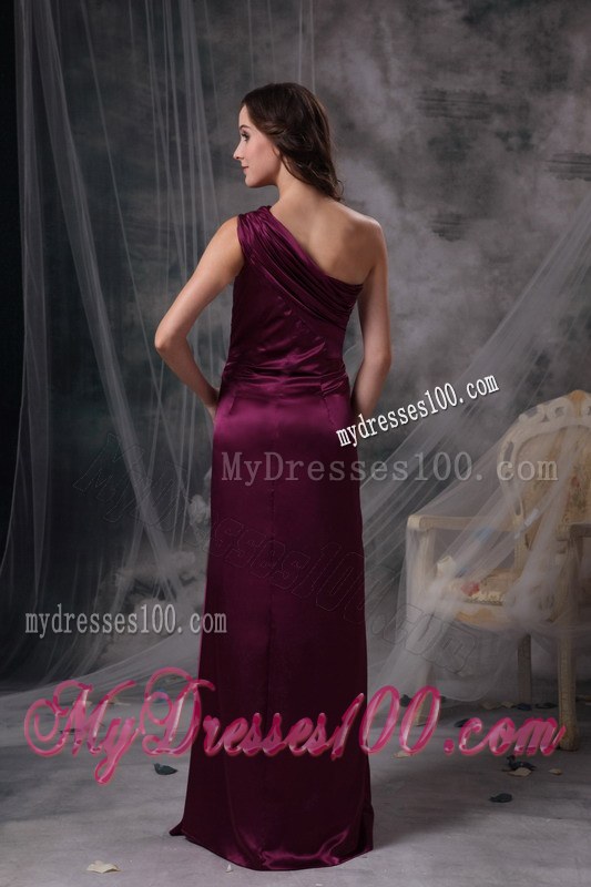 One Shoulder Purple Column Bridesmaid Dresses Floor-length Ruching