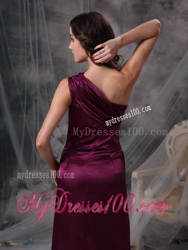 One Shoulder Purple Column Bridesmaid Dresses Floor-length Ruching
