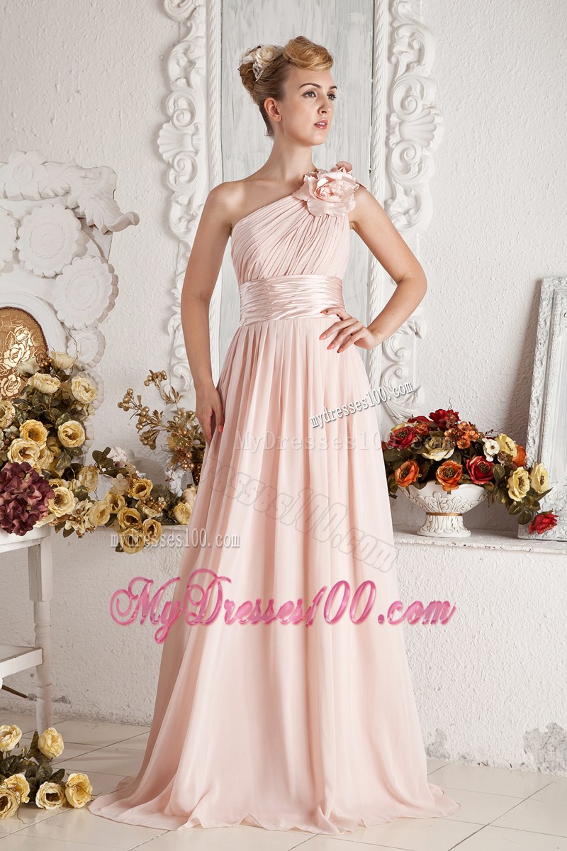 Hand Flowers and Ruching Baby Pink Bridesmaid Dress with One Shoulder