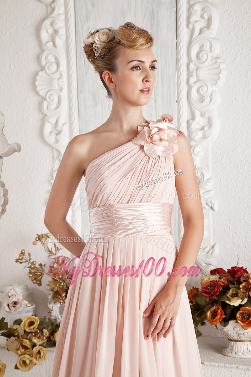 Hand Flowers and Ruching Baby Pink Bridesmaid Dress with One Shoulder