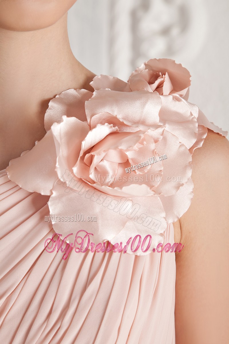 Hand Flowers and Ruching Baby Pink Bridesmaid Dress with One Shoulder