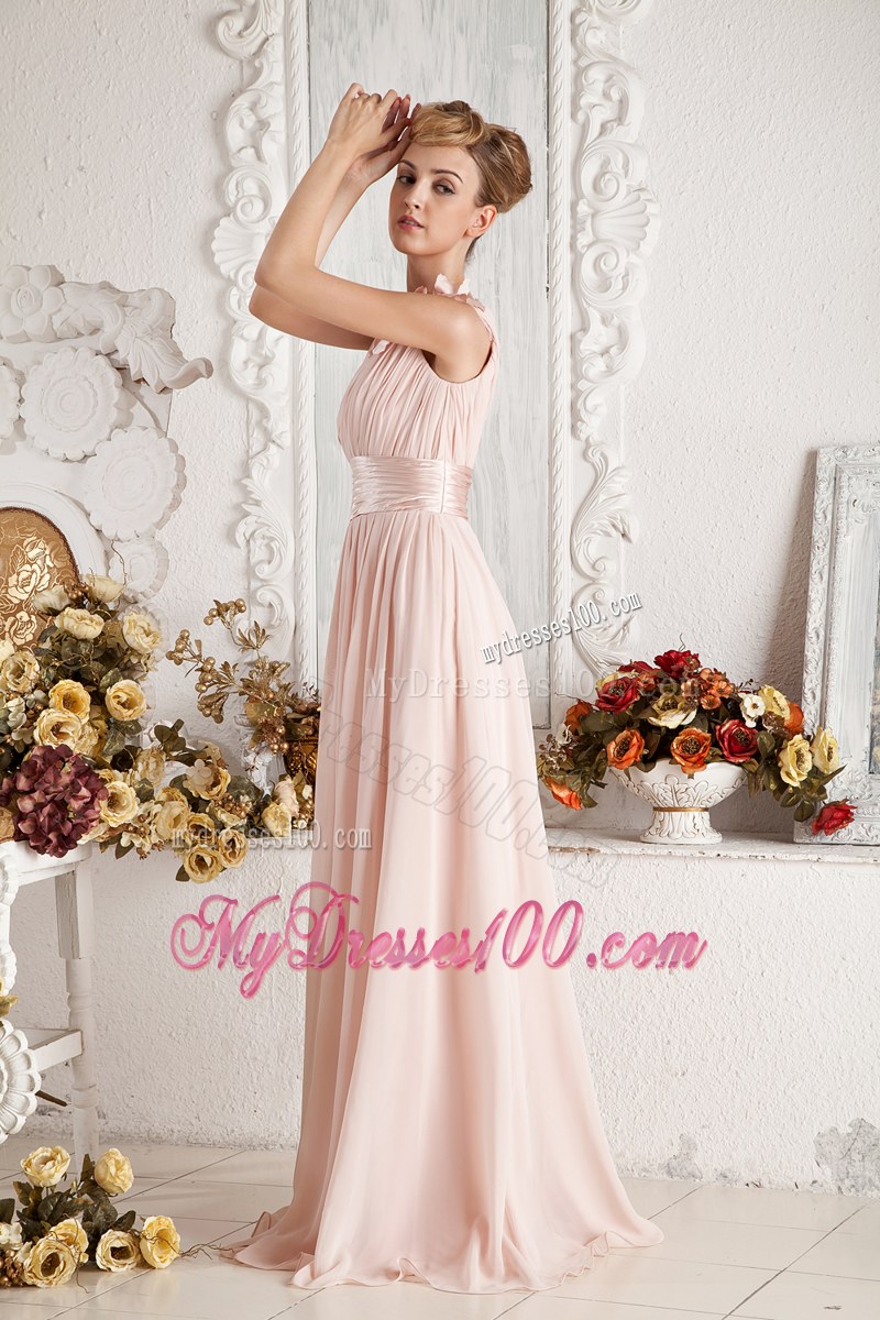 Hand Flowers and Ruching Baby Pink Bridesmaid Dress with One Shoulder