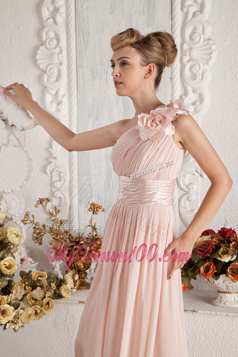 Hand Flowers and Ruching Baby Pink Bridesmaid Dress with One Shoulder