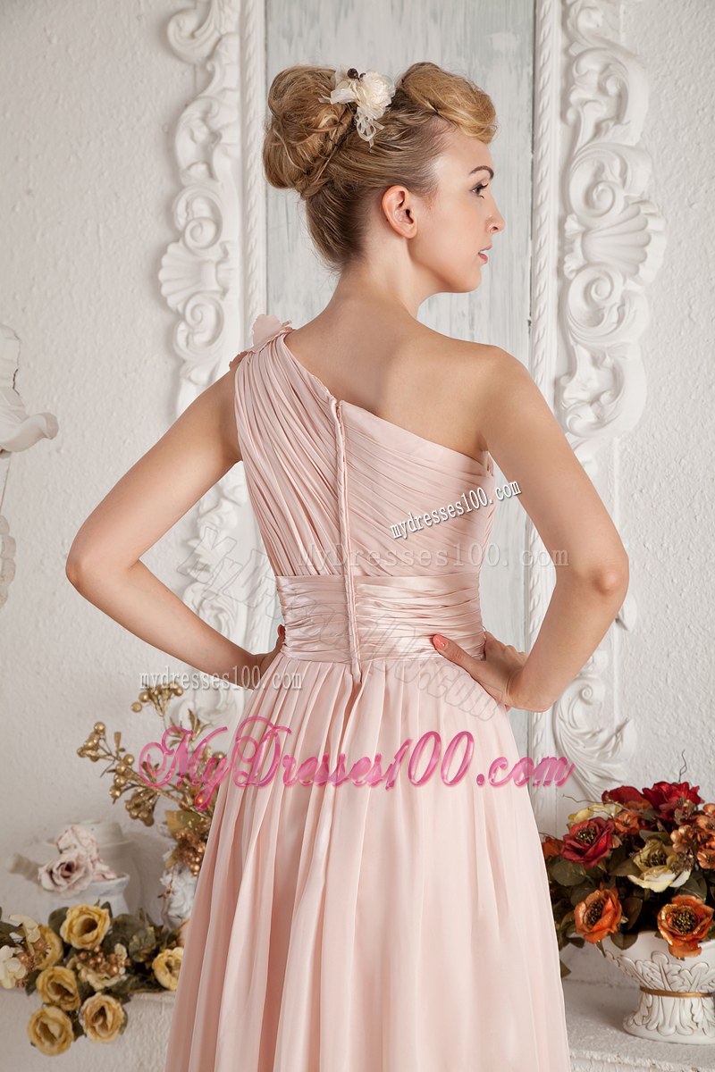 Hand Flowers and Ruching Baby Pink Bridesmaid Dress with One Shoulder