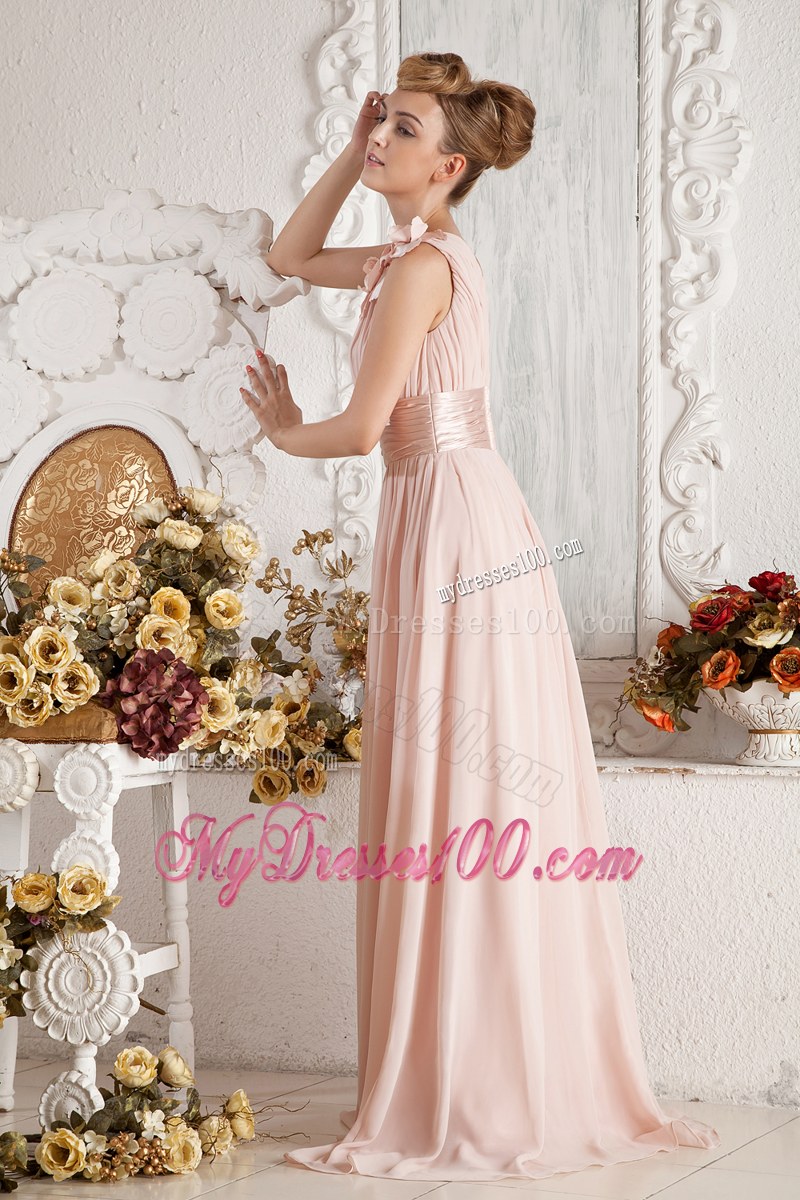 Hand Flowers and Ruching Baby Pink Bridesmaid Dress with One Shoulder