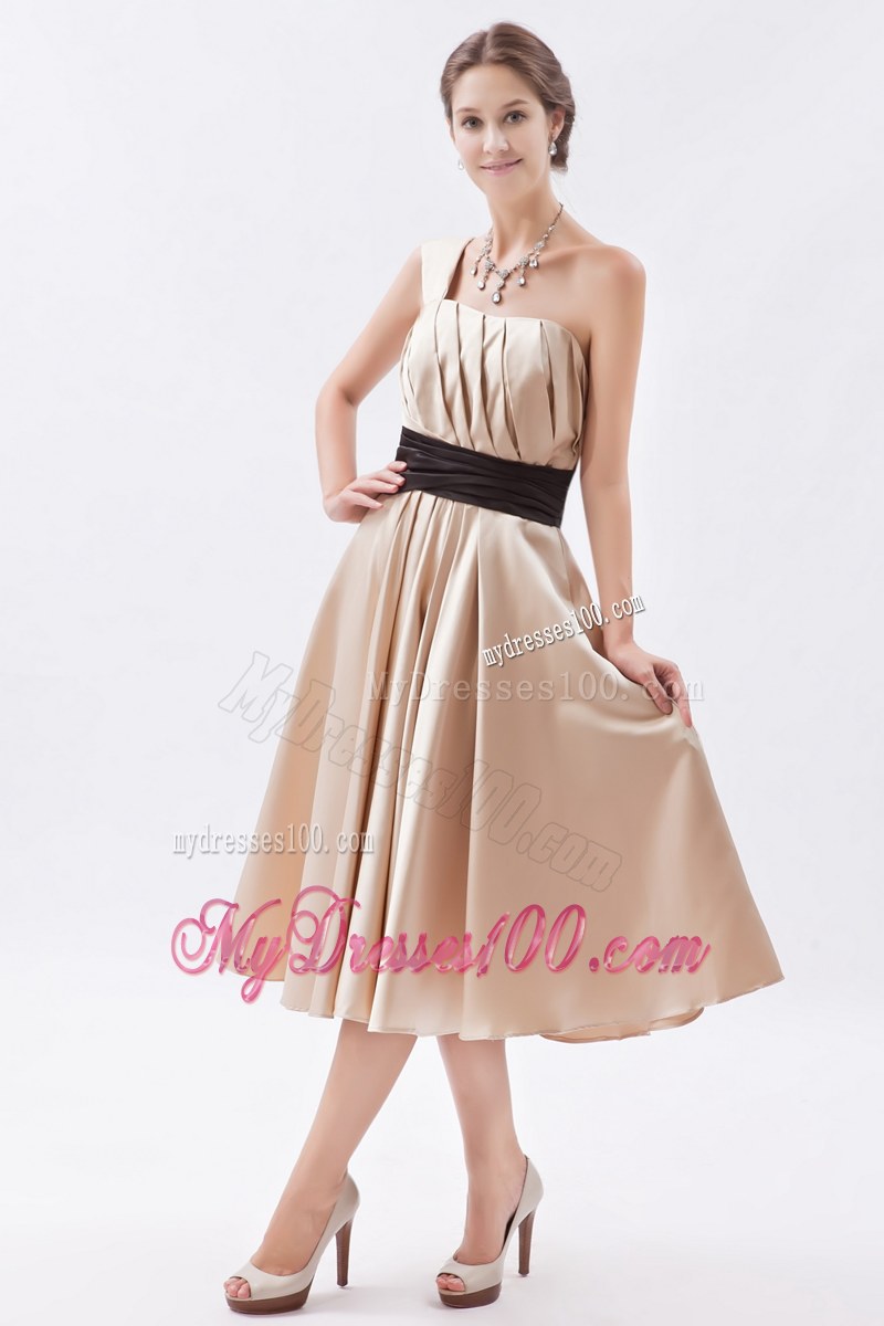 One Shoulder Tea-length Champagne A-line Satin Ruche Bridesmaid Dress