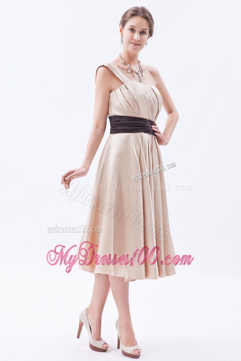 One Shoulder Tea-length Champagne A-line Satin Ruche Bridesmaid Dress