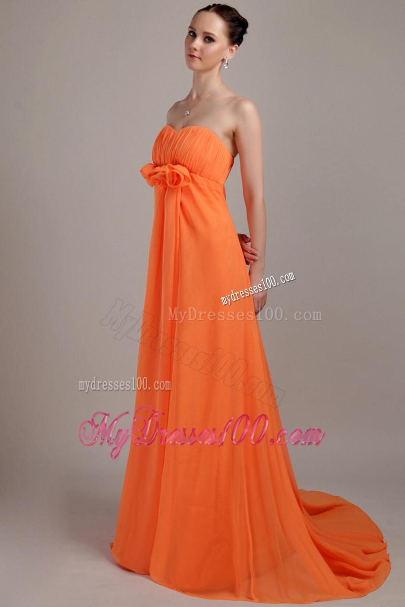 Empire Sweetheart Orange Brush Train Bridesmaid Dress Hand Flowers