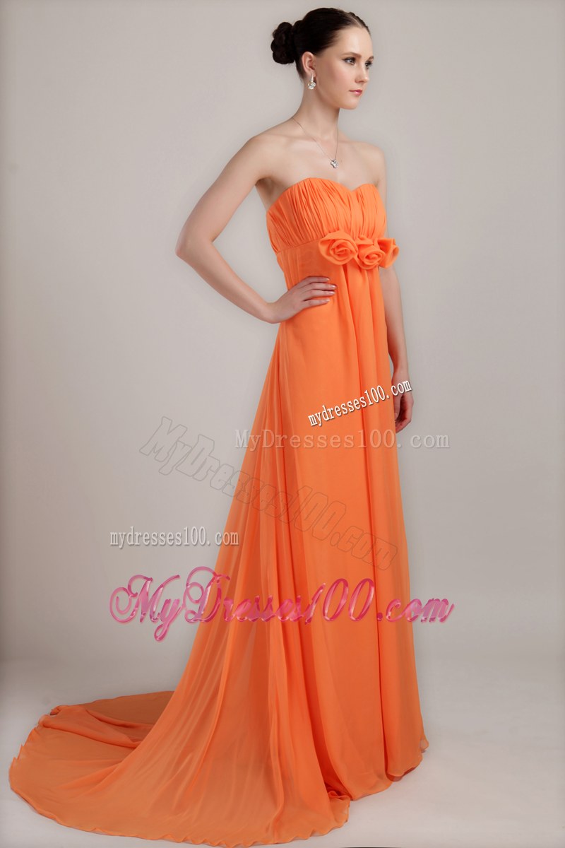 Empire Sweetheart Orange Brush Train Bridesmaid Dress Hand Flowers