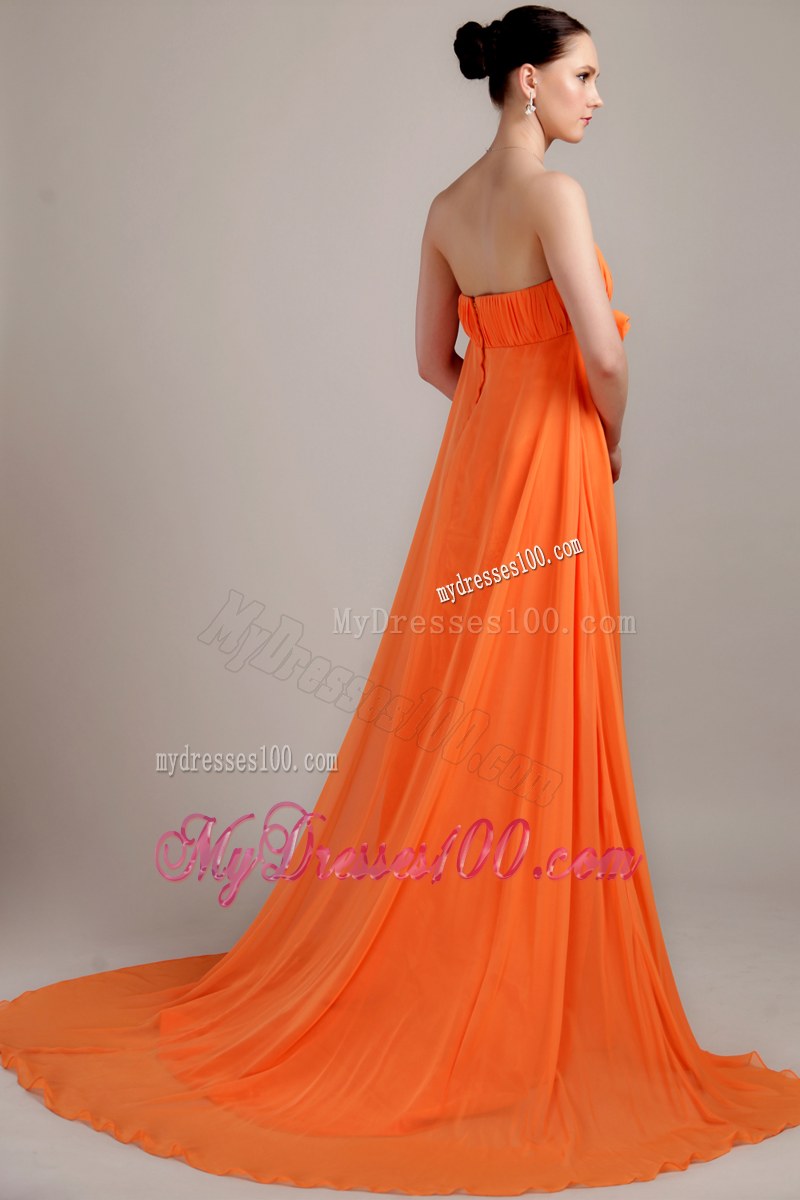 Empire Sweetheart Orange Brush Train Bridesmaid Dress Hand Flowers