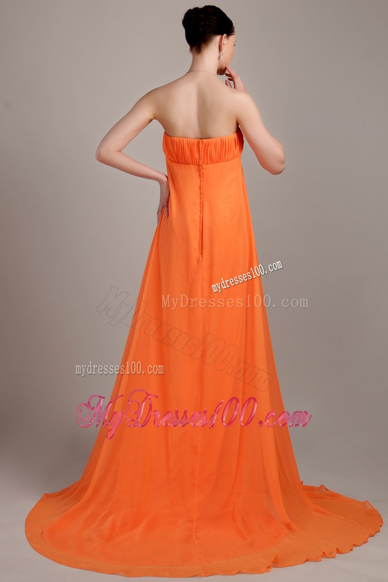 Empire Sweetheart Orange Brush Train Bridesmaid Dress Hand Flowers