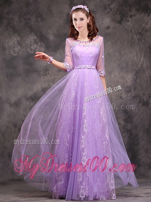 Popular Half Sleeves Lavender Bridesmaid Dress with Appliques and Beading