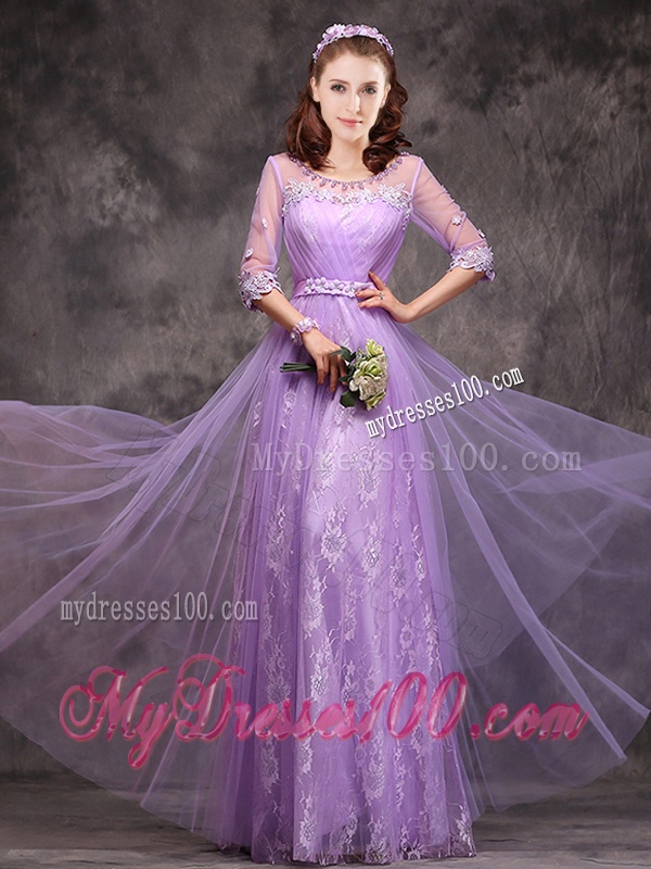 Popular Half Sleeves Lavender Bridesmaid Dress with Appliques and Beading