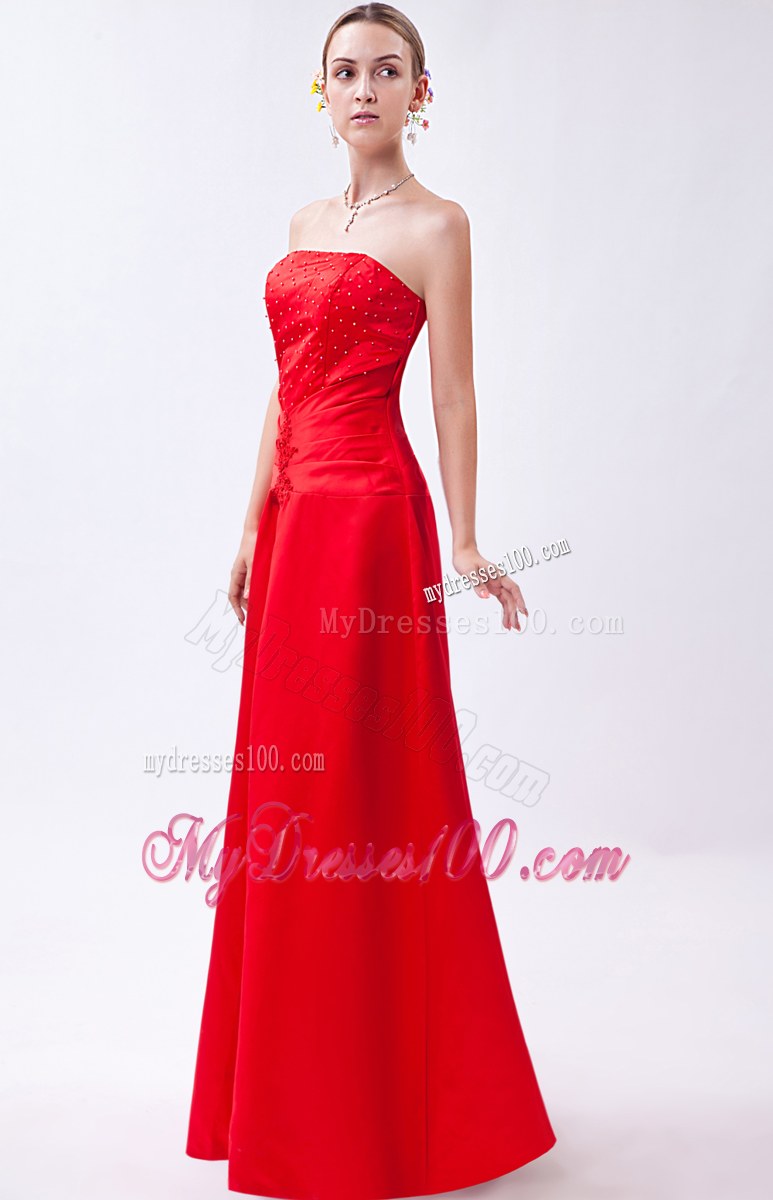 Red Column Strapless Bridemaid Dress Floor-length Taffeta Beading