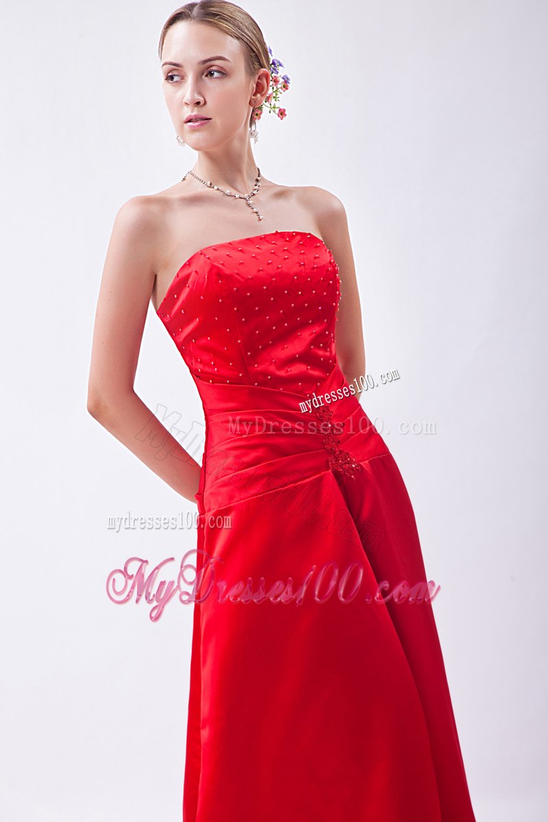 Red Column Strapless Bridemaid Dress Floor-length Taffeta Beading