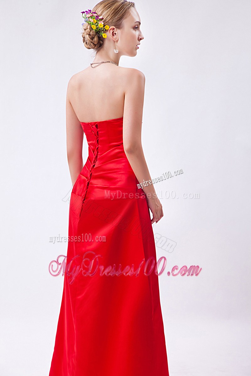 Red Column Strapless Bridemaid Dress Floor-length Taffeta Beading