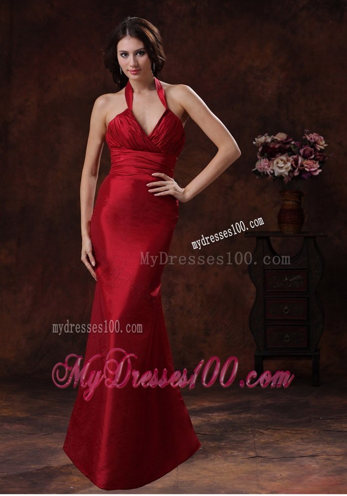 Mermaid Red Halter Taffeta Bridesmaid Dress Floor-length Zipper-up