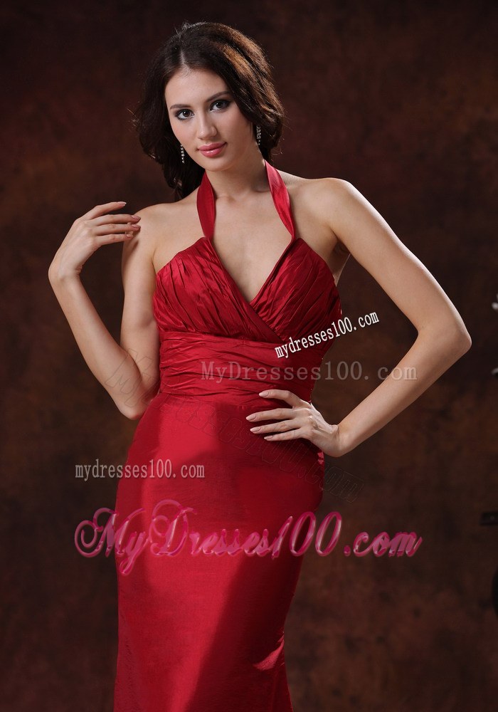 Mermaid Red Halter Taffeta Bridesmaid Dress Floor-length Zipper-up